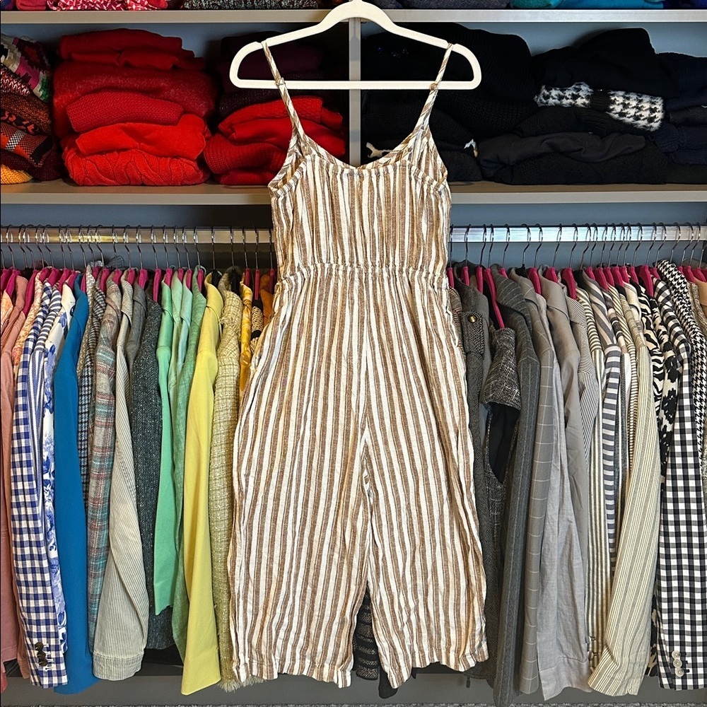 Universal Thread white/brown striped adjustable strap cropped jumpsuit size XS - Picture 3 of 3